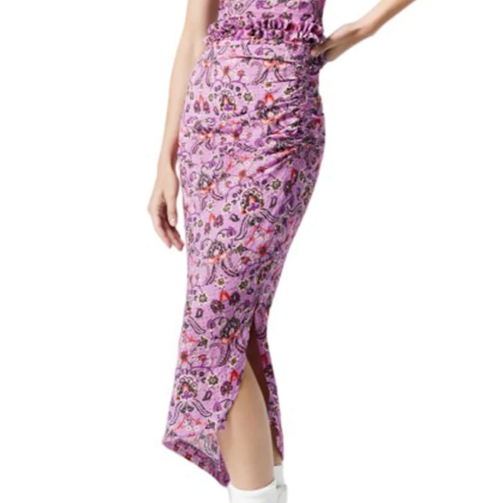 Smythe Mid-Rise Fitted Asymmetrical Ruched Flower Print Midi Skirt - Sz 0 (25) - Picture 14 of 15